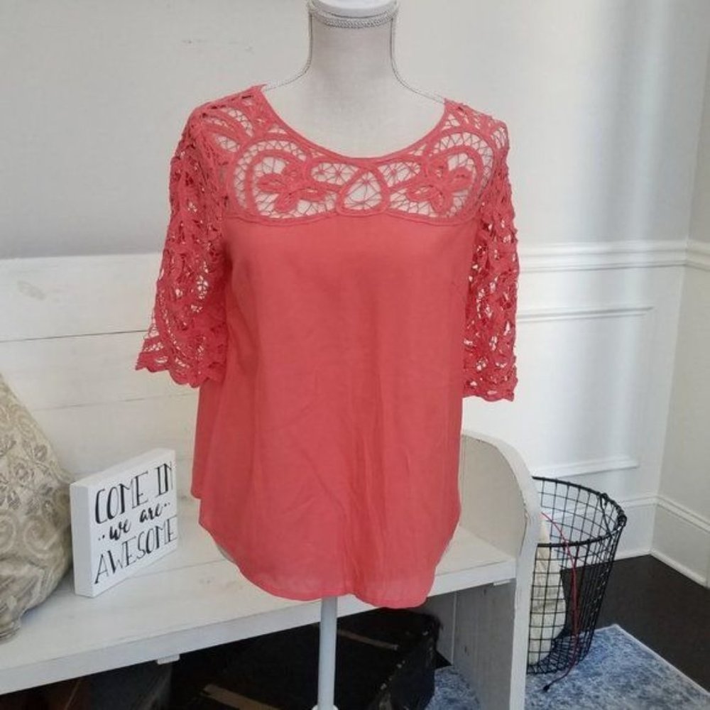 Esley Coral Pink Crochet Yoke Blouse